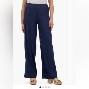 KFK Meg Navy Linen Blend Wide Leg Pull On Trousers Pockets Cuffed Sz MP